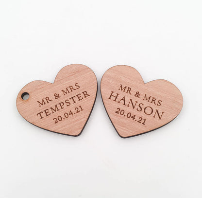 Personalised Wooden Heart Shaped Wedding Thank You Gift Tags (personalised wedding favours)