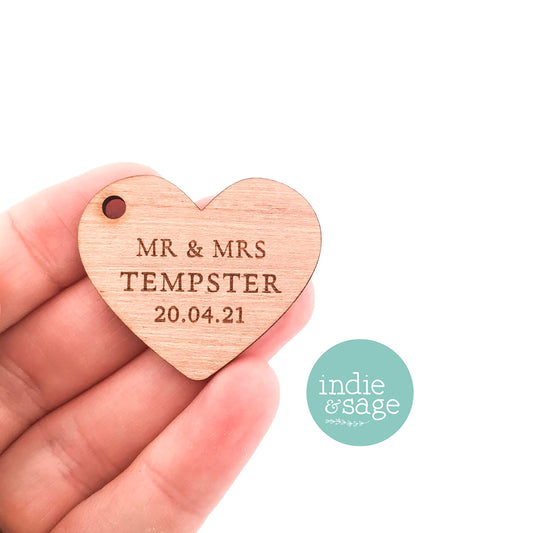 Personalised Wooden Heart Shaped Wedding Thank You Gift Tags (personalised wedding favours)