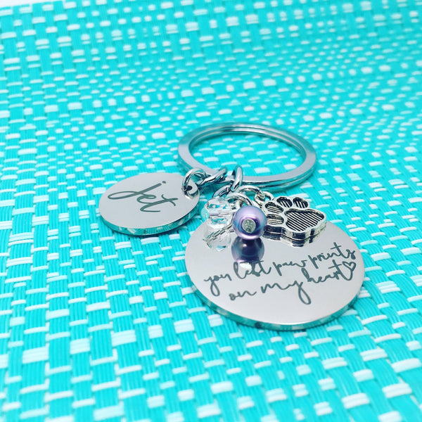 Personalised Pet Memorial Gift, You Left Paw Prints On My Heart Personalised Keyring