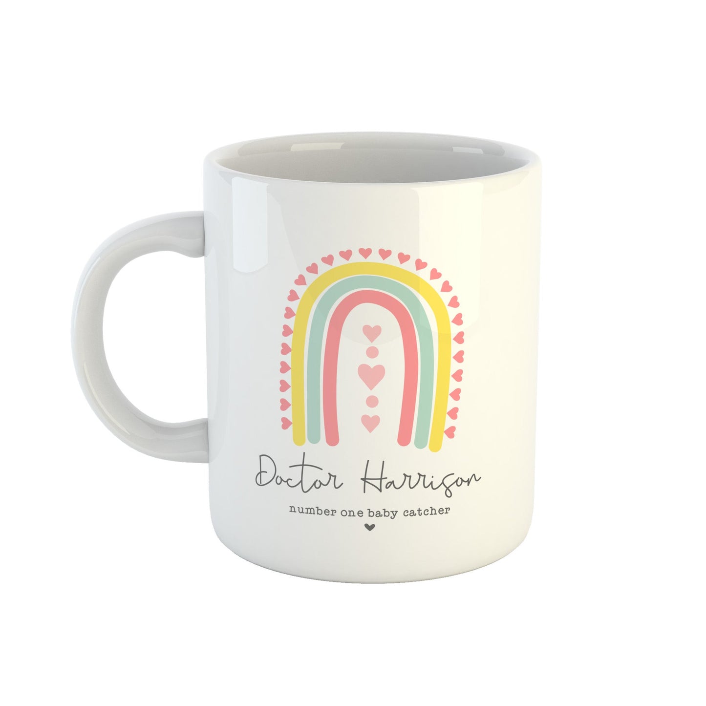 Personalised midwife mug number one baby catcher rainbow design