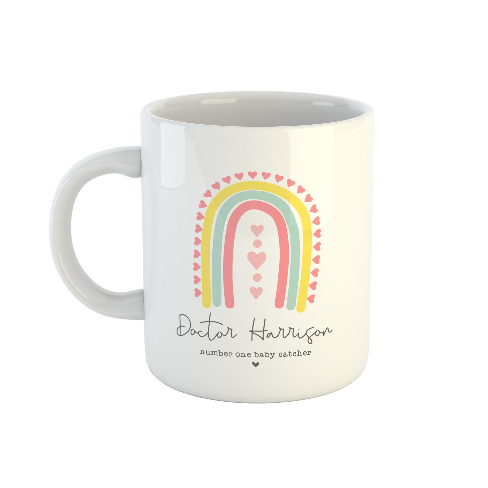 Personalised midwife mug number one baby catcher rainbow design