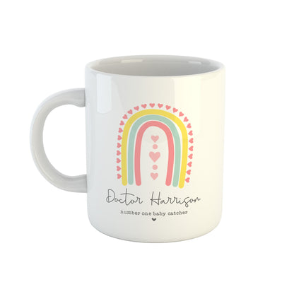 Personalised midwife mug number one baby catcher rainbow design