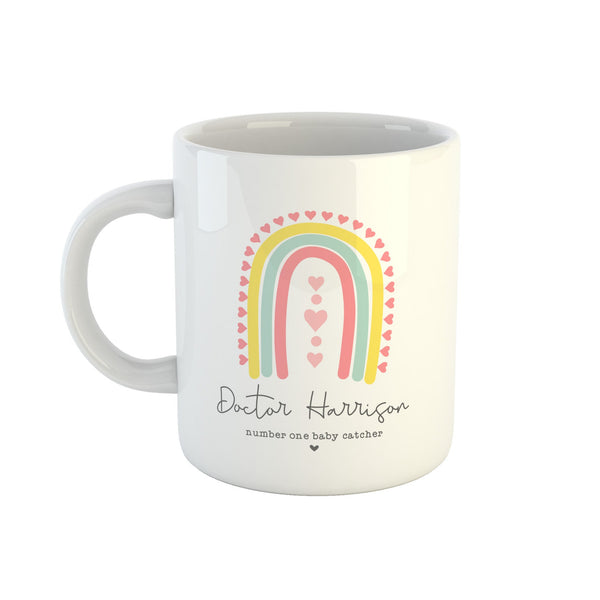 Personalised midwife mug number one baby catcher rainbow design