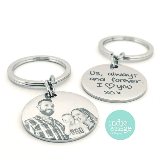 Personalised engraved photo keyring featuring your favourite photograph. Add a handwritten or typed message to create a meaningful keepsake gift.
