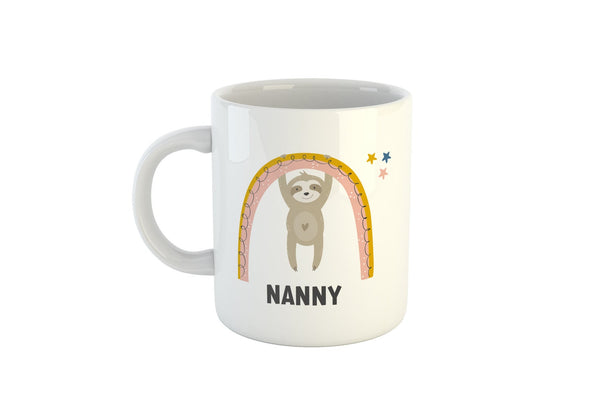 Personalised Rainbow With Hanging Sloth Mug, Add Your Name To The Front & Message To The Back