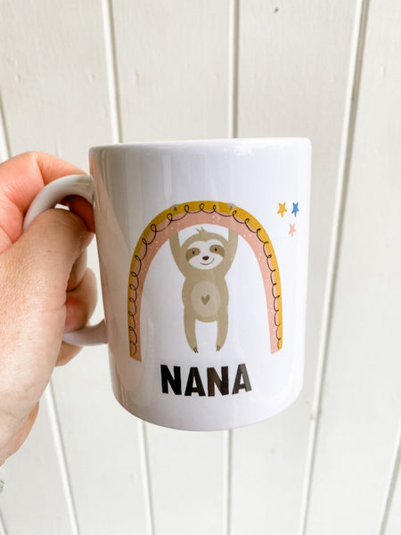Personalised Rainbow With Hanging Sloth Mug, Add Your Name To The Front & Message To The Back