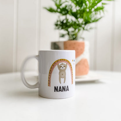 Personalised Rainbow With Hanging Sloth Mug, Add Your Name To The Front & Message To The Back
