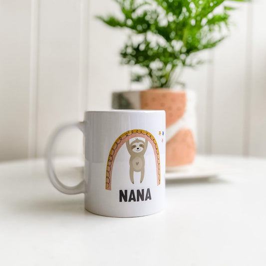 Personalised Rainbow With Hanging Sloth Mug, Add Your Name To The Front & Message To The Back