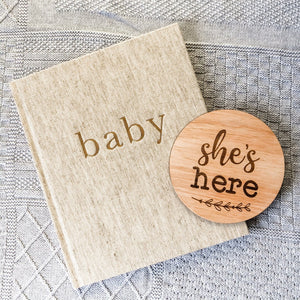 She's Here Baby Announcement Floral Wreath Design (New Baby Arrival, Newborn Photo Prop)