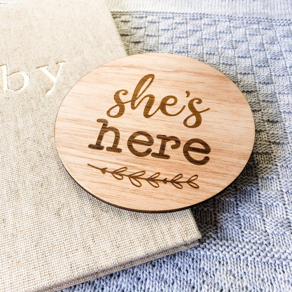 She's Here Baby Announcement Floral Wreath Design (New Baby Arrival, Newborn Photo Prop)